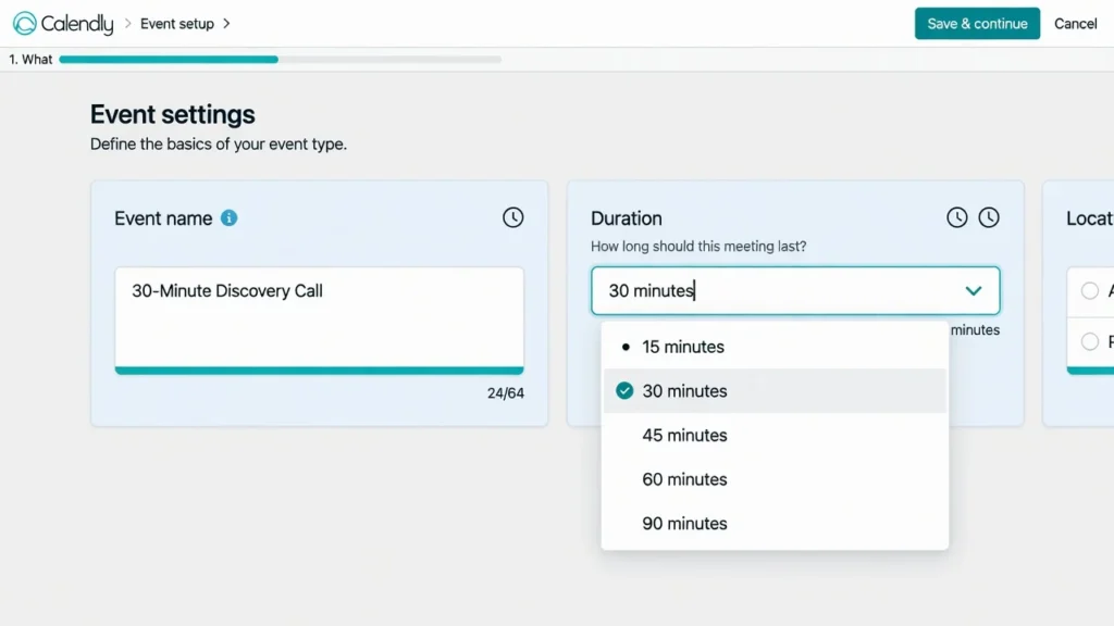 Screenshot of Calendly event settings showing the Event Name field filled with an example name and the Duration dropdown menu with time options.