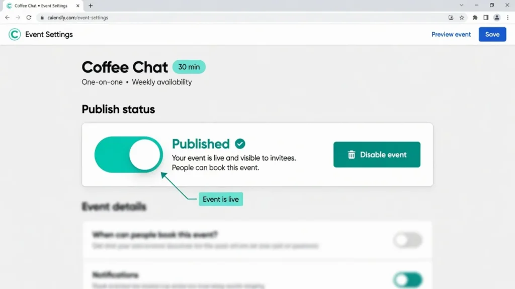 Screenshot showing the Calendly event publish status with the Enable or Publish button to make the event available for booking.