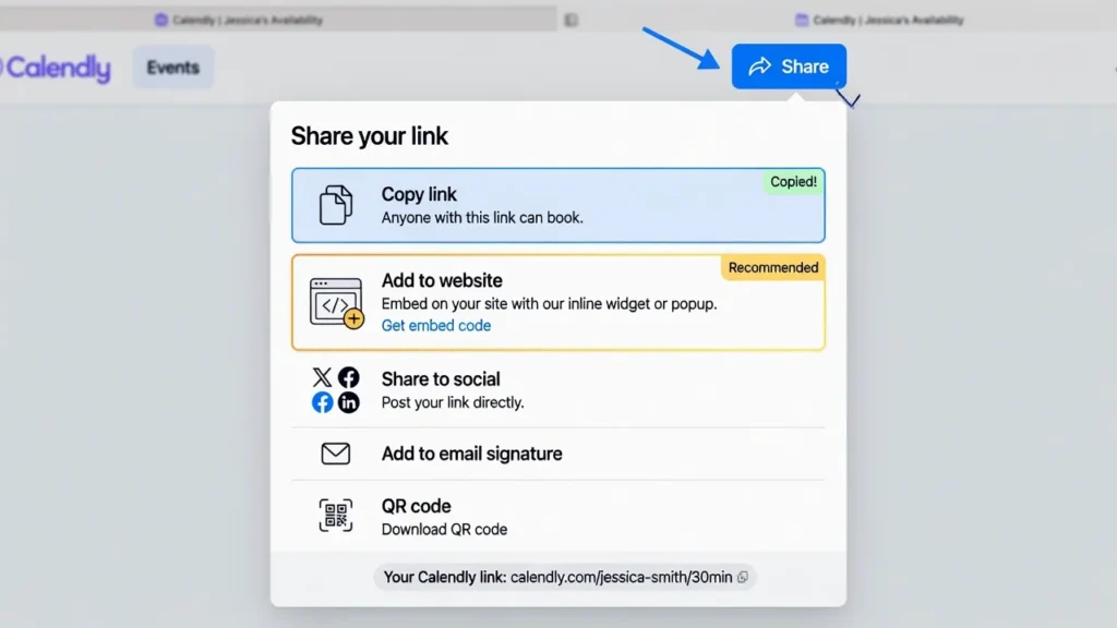 Screenshot of Calendly's Share menu dropdown showing the 'Add to Website' option along with other sharing choices like 'Copy link'.