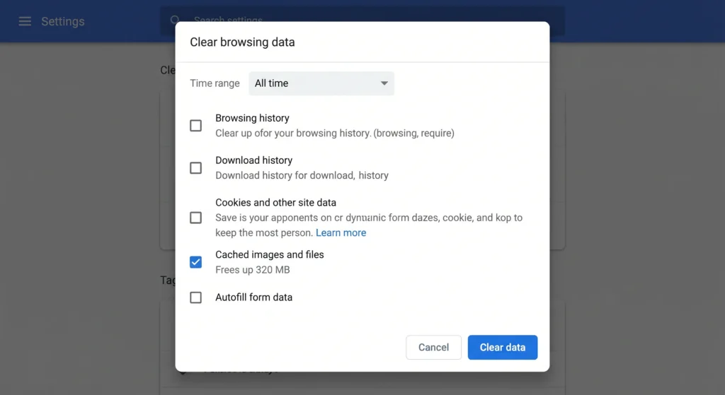 Chrome browser Clear Browsing Data dialog showing cached images and files checkbox selected with All time timeframe and Clear Data button ready to click