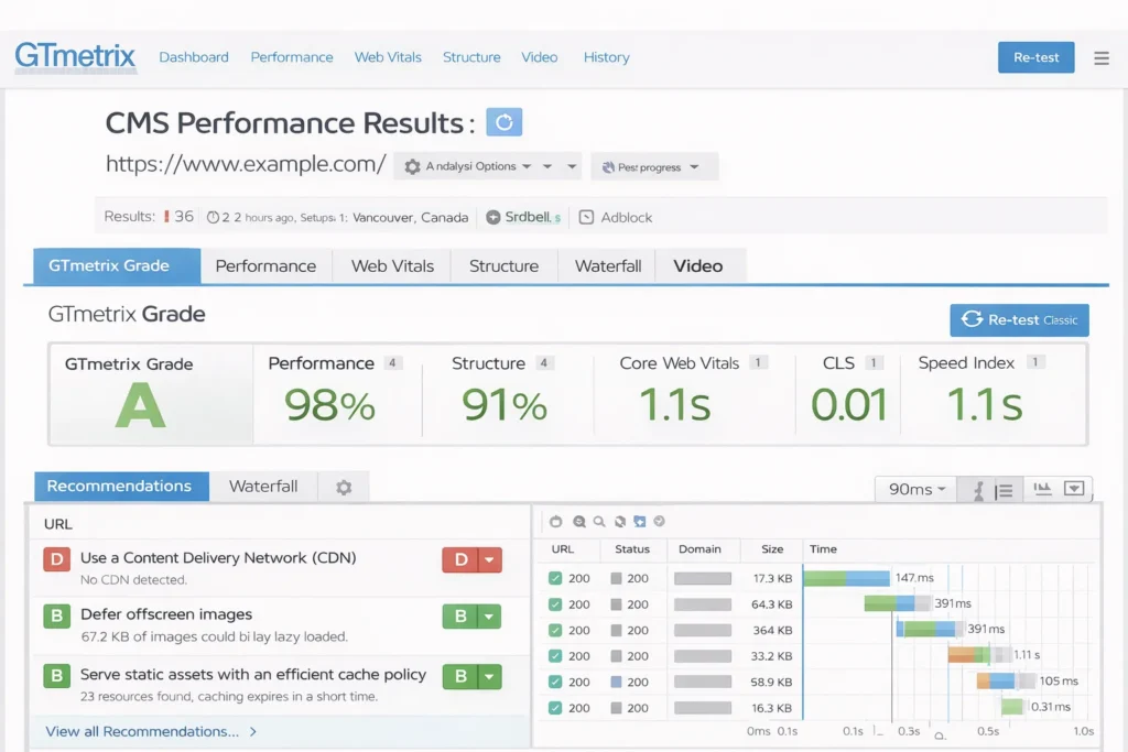GTmetrix speed testing results showing cms performance metrics and page load speed optimization scores for website analysis