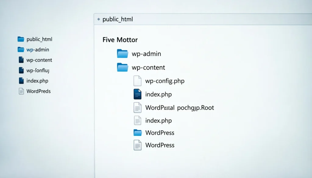 cPanel File Manager screenshot showing WordPress files and folders in public_html directory including wp-admin, wp-content, wp-includes, wp-config.php, and other root WordPress files