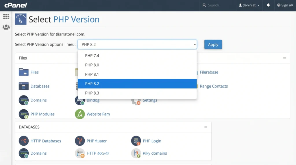 cPanel Select PHP Version dropdown menu showing available PHP versions 7.4, 8.0, 8.1, 8.2, and 8.3 with current version 8.2 highlighted
