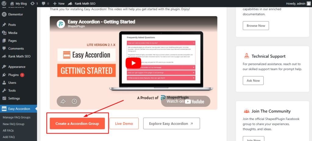 WordPress accordion plugin dashboard showing Create New
button with simple editor open for adding accordion item
title and content then copying shortcode to paste into
a WordPress page or Gutenberg block editor