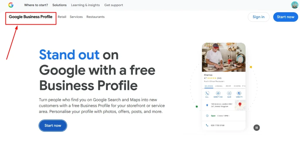 Step-by-step process of creating or claiming a Google Business Profile showing business name entry, category selection, and location setup