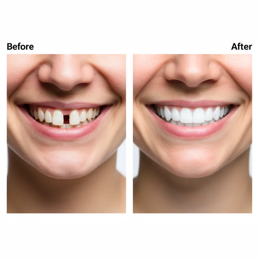 Before and after dental case showing tooth restoration results - before image displays missing tooth gap, after image shows completed dental implant result with natural-looking smile restoration.