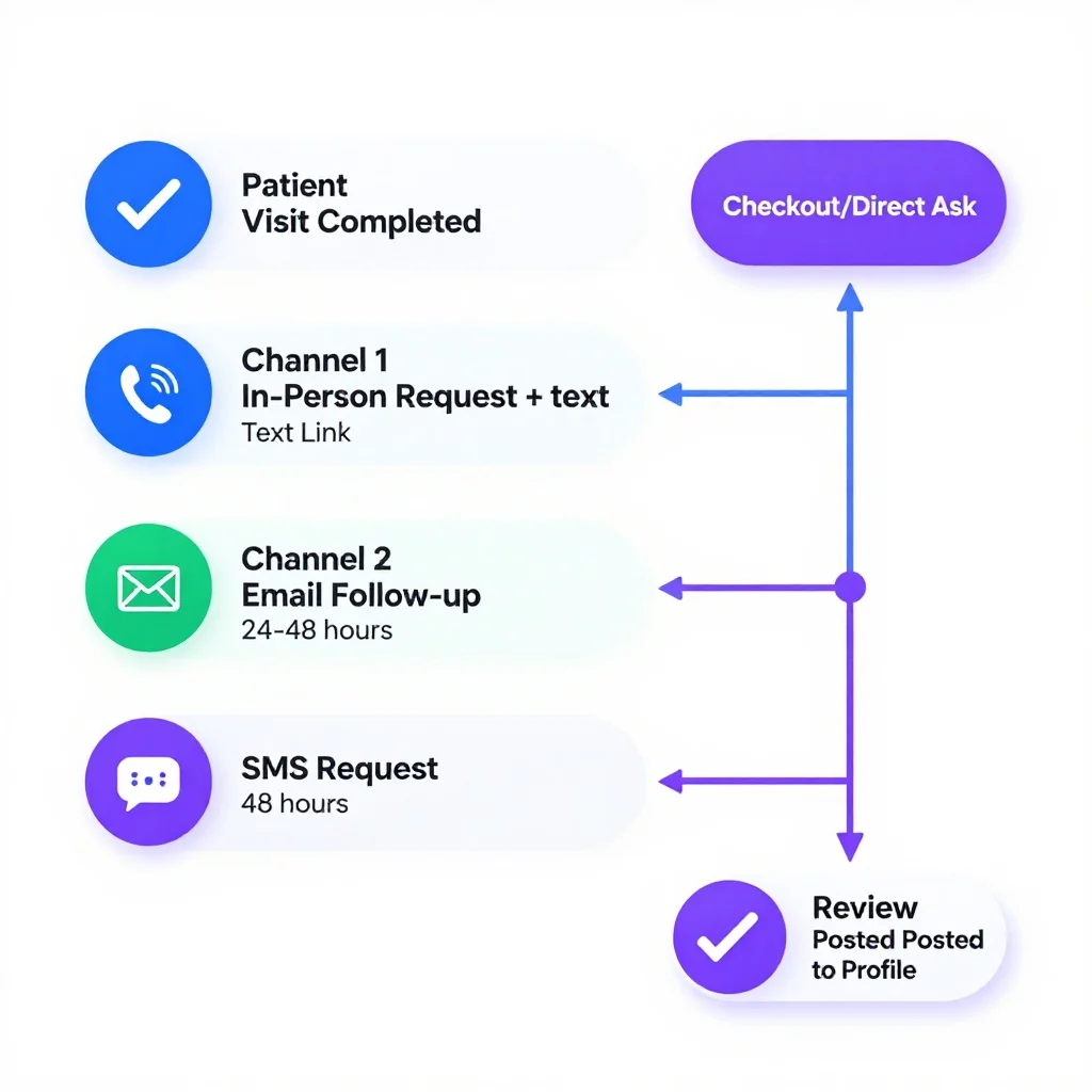 Workflow diagram showing three-channel dental review generation system: direct in-person request at checkout, 24-48 hour email follow-up, and SMS requests, all leading to Google reviews posted on practice profile.