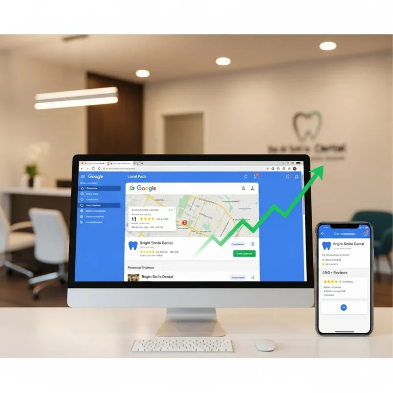 Professional dental office SEO feature image showing computer monitor displaying Google search results with dental practice ranked #1 in local pack, alongside smartphone showing Google Business Profile with 5-star reviews
