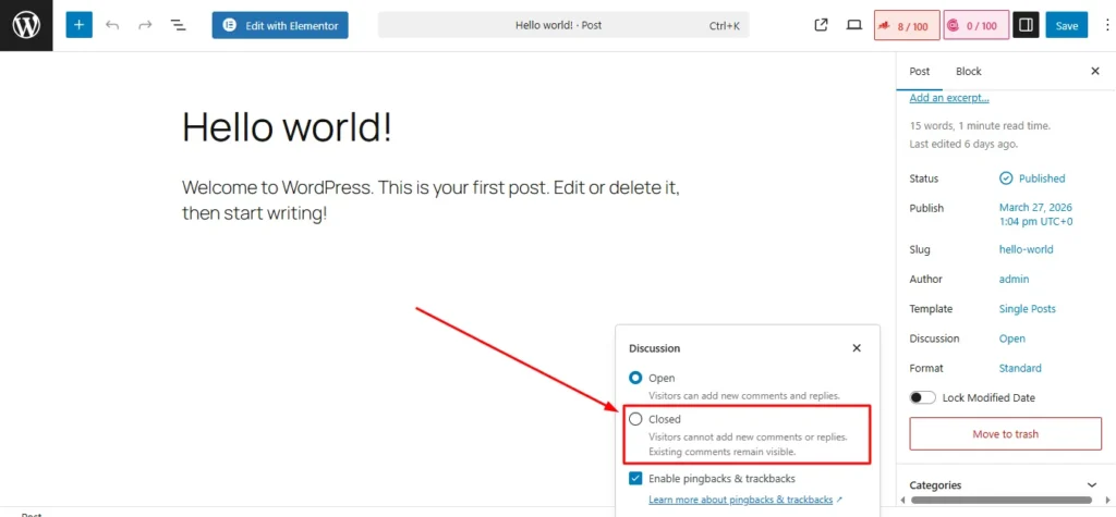 Screenshot of the WordPress post editor sidebar showing the Discussion panel with the 'Allow Comments' checkbox deselected.