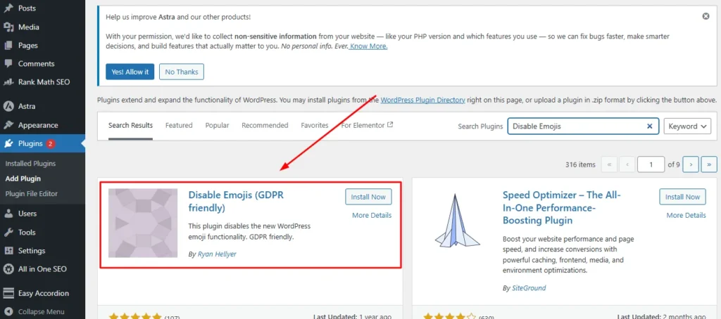 Screenshot of the 'Disable Emojis GDPR Friendly' plugin search result in the WordPress dashboard.