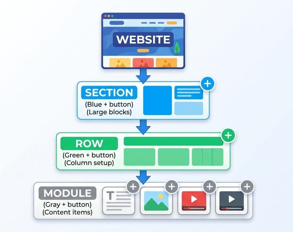 Divi sections rows and modules hierarchy showing page layout structure in WordPress builder