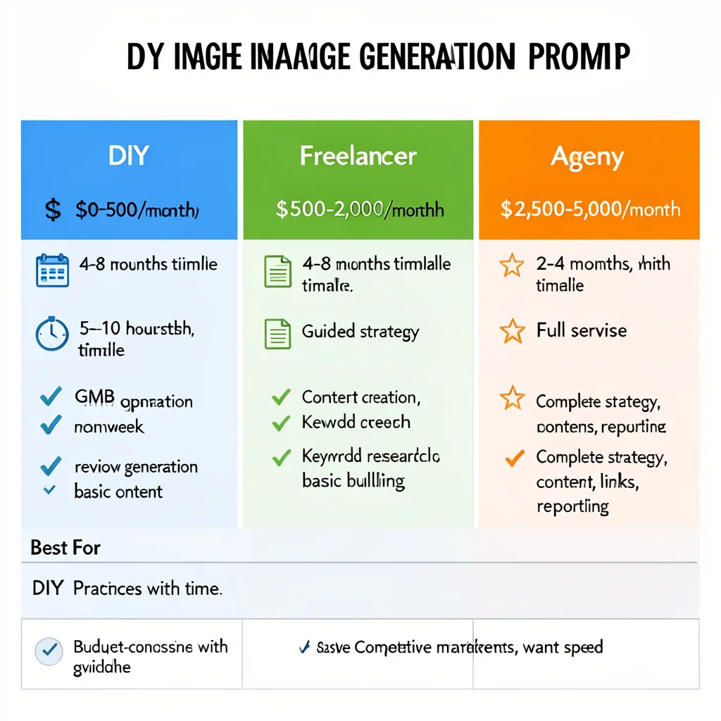 Comparison chart of three dental SEO approaches showing monthly cost ($0-500 DIY, $500-2,000 freelancer, $2,500+ agency), timeline (4-8 months DIY/freelancer, 2-4 months agency), and deliverables for each approach.