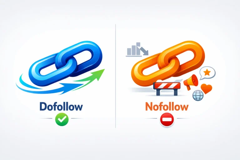 Nofollow vs dofollow links comparison showing both link types pass SEO value from high-quality sources with ranking authority signals