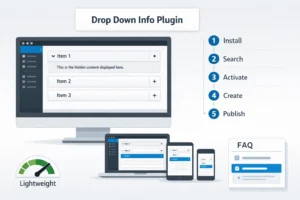 Drop down info plugin for WordPress showing accordion sections on a website dashboard with mobile responsive design and step by step installation visual