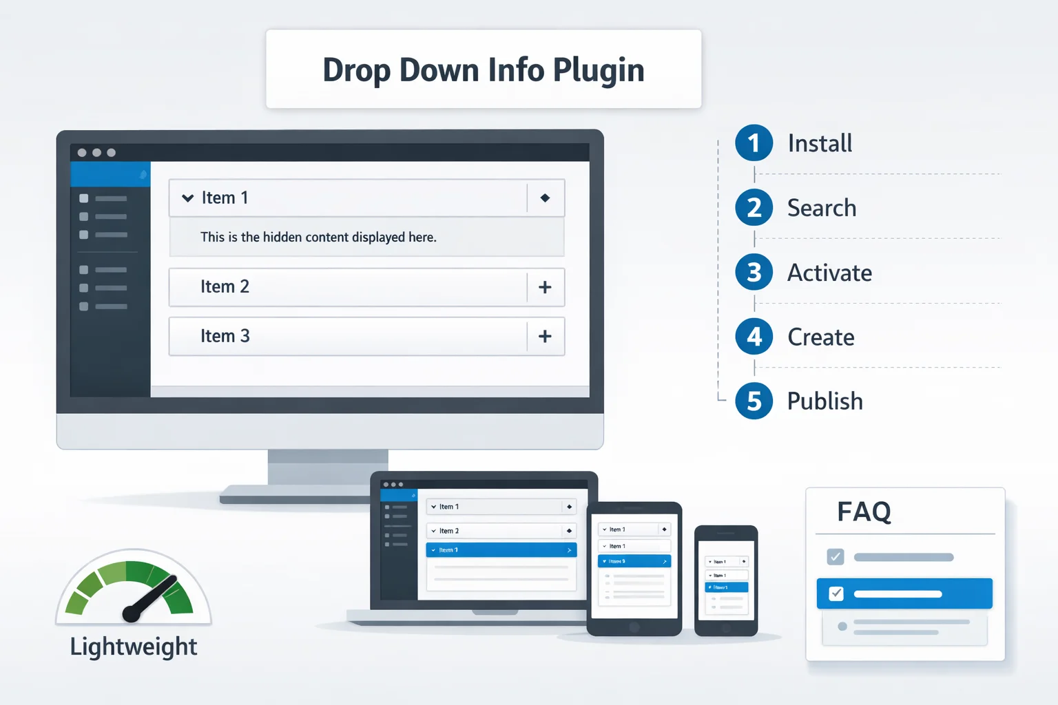 Drop down info plugin for WordPress showing accordion sections on a website dashboard with mobile responsive design and step by step installation visual