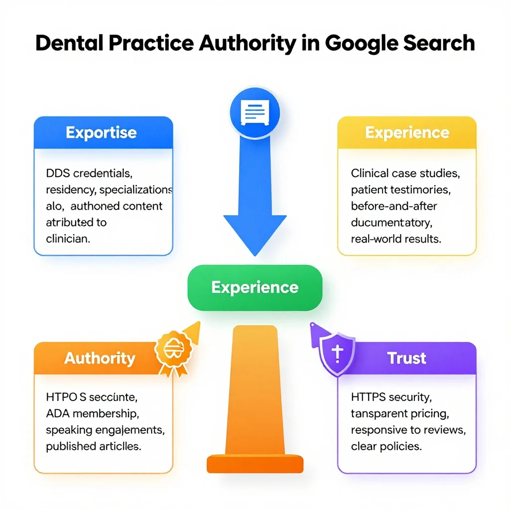 E-E-A-T framework showing four pillars supporting dental practice authority: Expertise (credentials and authored content), Experience (case studies and testimonials), Authority (certifications and publications), Trust (security and transparency).