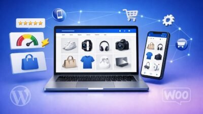 Modern MacBook displaying ecommerce website with product grid, shopping cart, and mobile responsive preview alongside smartphone and UI elements