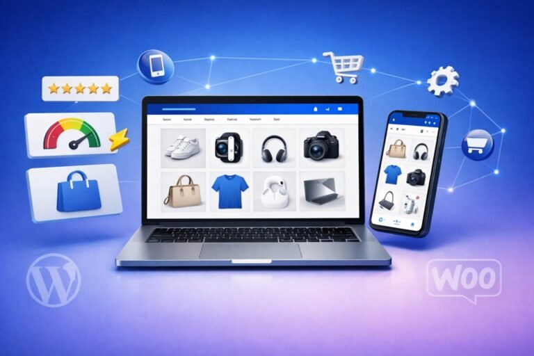 Modern MacBook displaying ecommerce website with product grid, shopping cart, and mobile responsive preview alongside smartphone and UI elements
