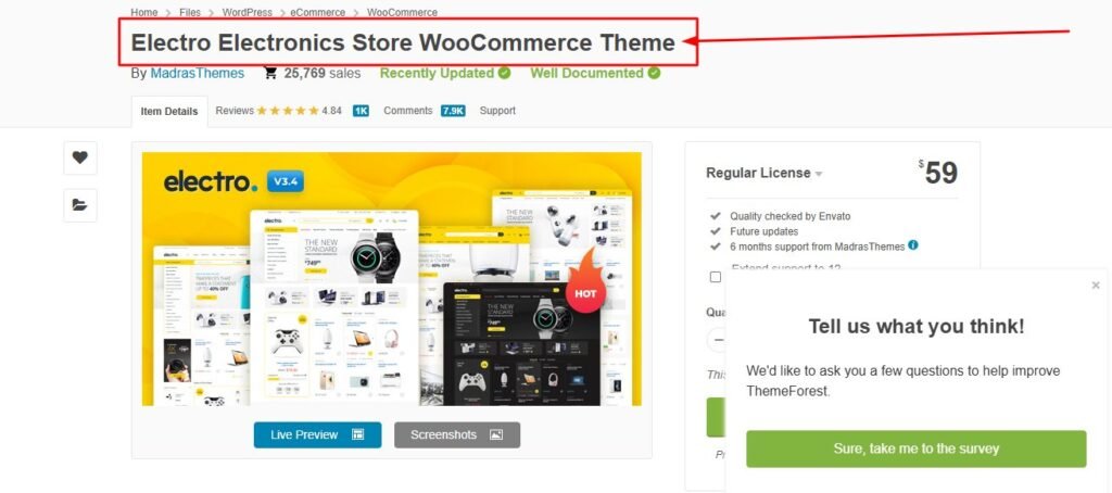Electro WordPress theme showing electronics store layout with product specifications, variations, and customer reviews.