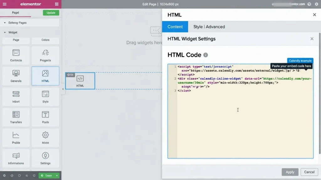 Screenshot of Elementor's HTML widget settings showing the 'HTML Code' field where Calendly embed code is pasted, with example code visible.
