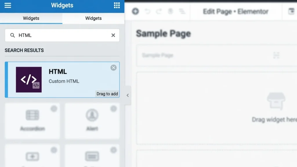 Screenshot showing the Elementor widget panel with 'HTML' typed in the search box and the HTML widget appearing as a search result option.