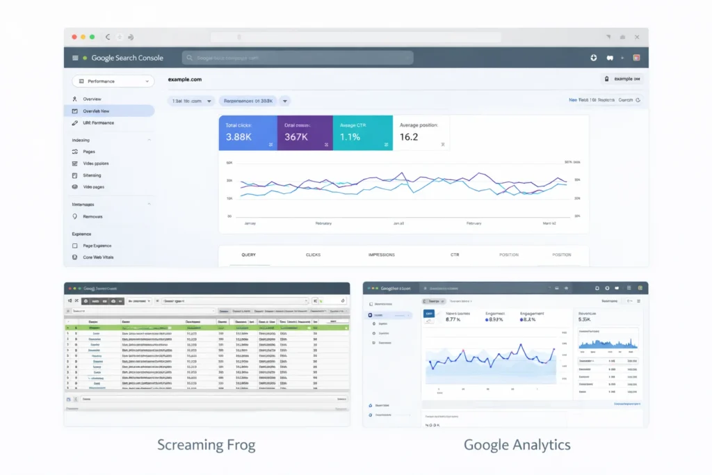 Screenshots showing Google Search Console, Screaming Frog and Google Analytics interfaces for website migration monitoring