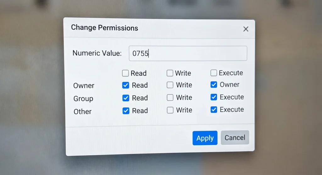 File Manager Change Permissions dialog showing numeric input field for entering permission values like 0755 for folders