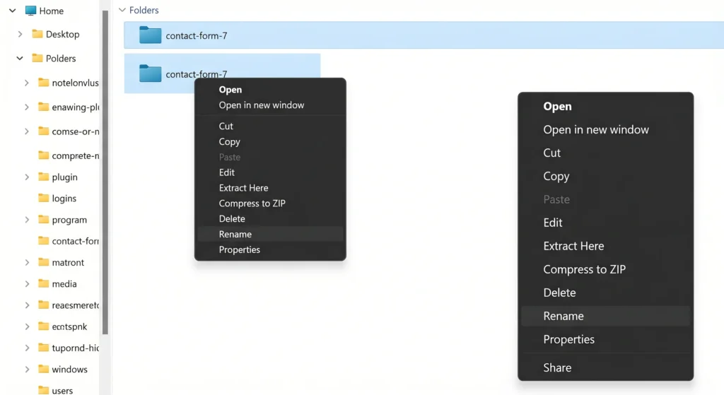 File Manager context menu screenshot showing Rename option highlighted when right-clicking a plugin folder for force deactivation