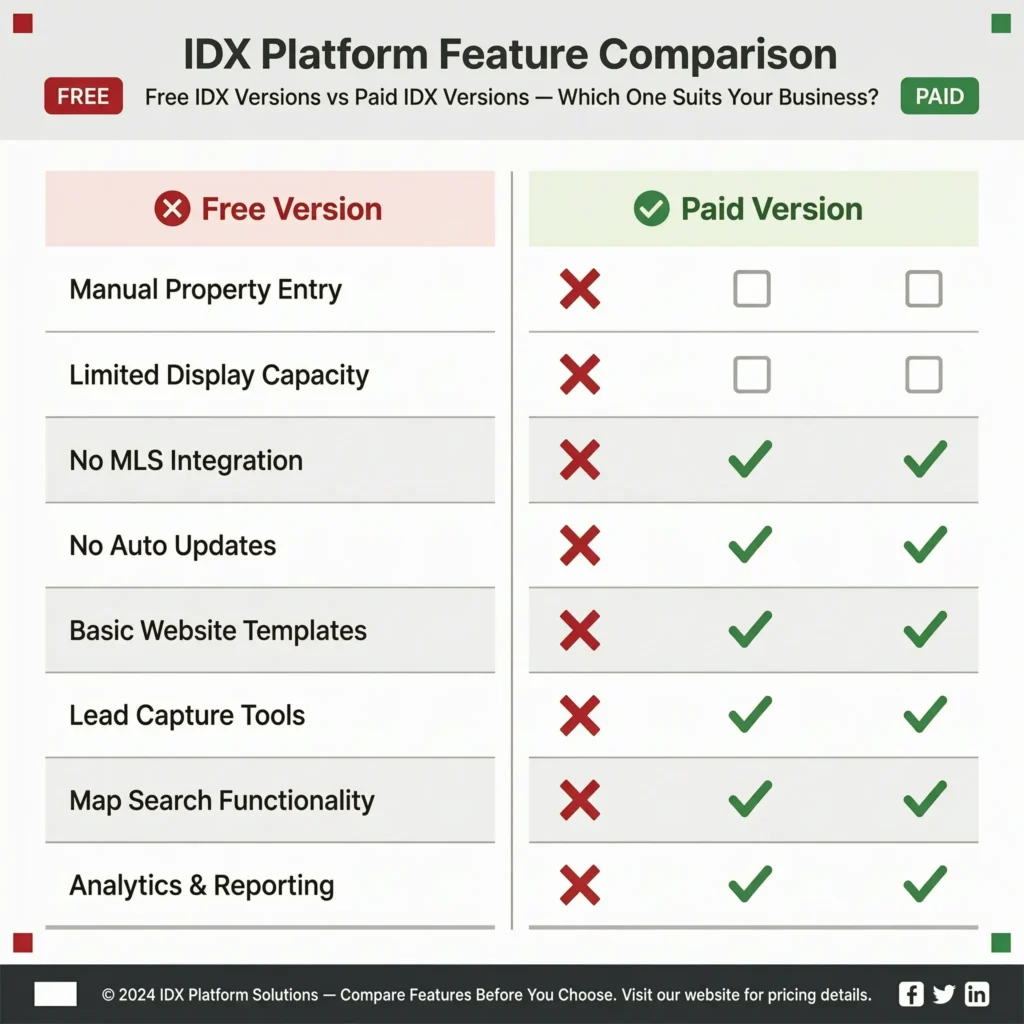 Comparison chart showing features included in free versus paid IDX plugins, highlighting that true MLS integration requires paid versions
