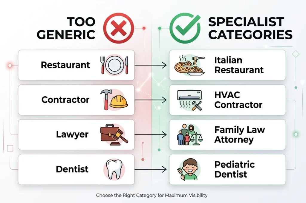 Comparison showing generic business categories with red X versus specialist categories with green checkmarks