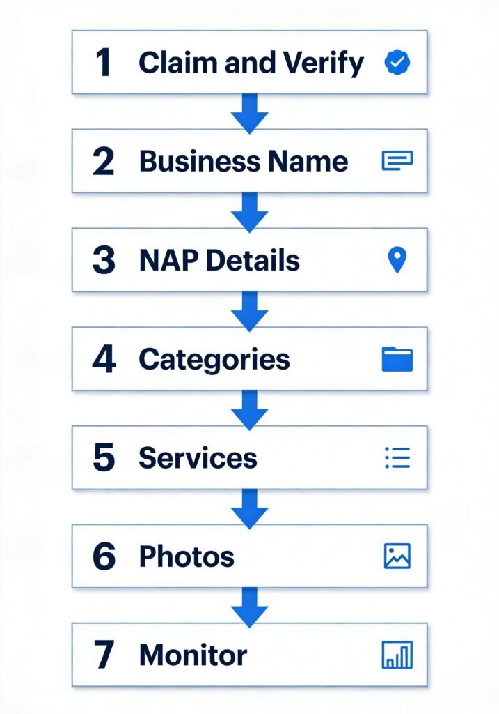 Flowchart showing the seven sequential steps for optimizing a Google Business Profile: claim and verify, business name, NAP details, categories, services, photos, and monitoring.