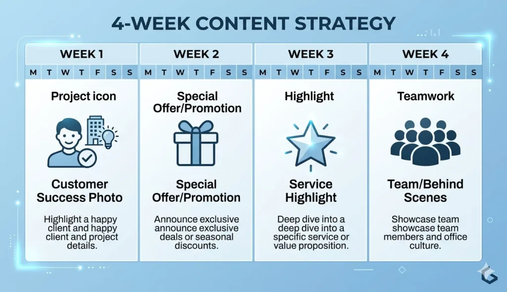 Four-week rotating calendar showing Google Business Profile content strategy with different content types each week