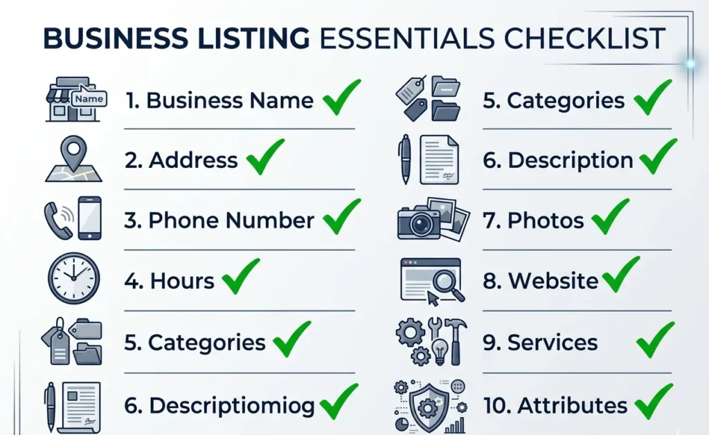 Comprehensive Google Business Profile completion checklist showing 10 essential fields with green checkmarks