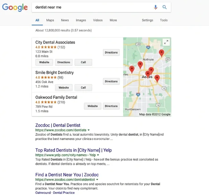 Example of a fully optimized Google Business Profile for a dental practice showing business name, star rating, complete address, phone number, hours, professional photos, and detailed service descriptions.