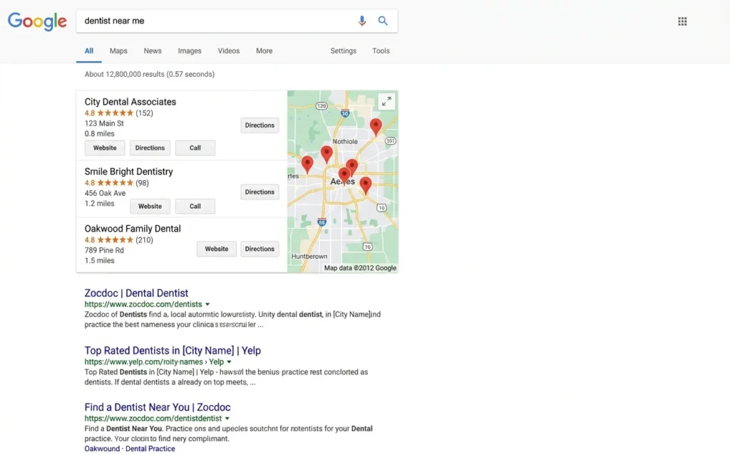 Screenshot of Google search results showing the local pack with three dental practice listings in the map section positioned above organic search results for a "dentist near me" query.