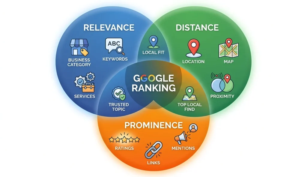 hree-circle Venn diagram showing Google's local SEO ranking factors: relevance, distance, and prominence
