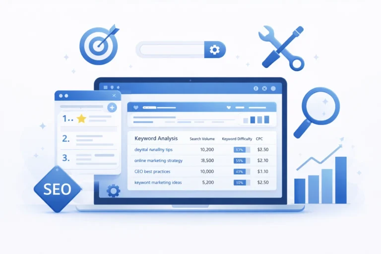 Professional SEO keyword strategy guide illustration showing computer screen with keyword optimization dashboard and search ranking elements