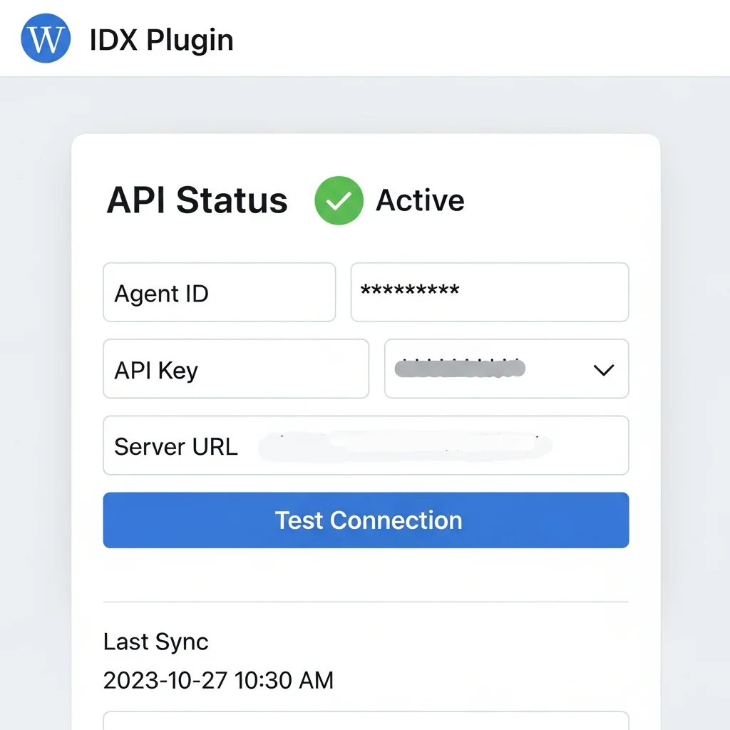 Screenshot showing IDX plugin API Status diagnostic field in WordPress settings panel with Active status indicator and connection test button