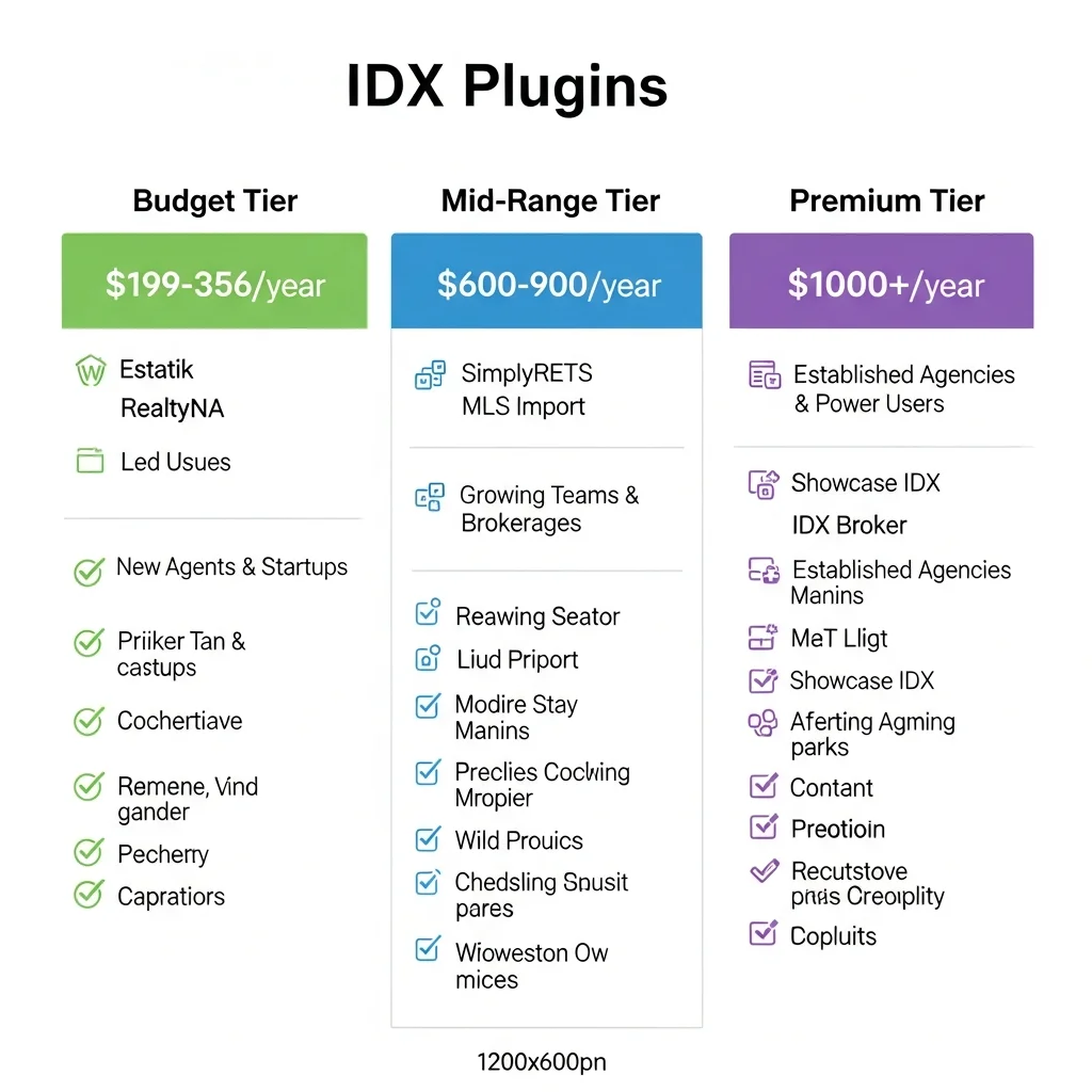 Infographic showing three IDX plugin pricing tiers from budget options under $400 annually to premium solutions over $1,000 with features and example plugins for each tier