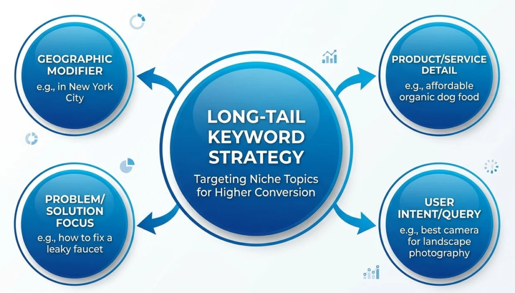Diagram showing how one long-tail keyword phrase captures multiple shorter keyword variations