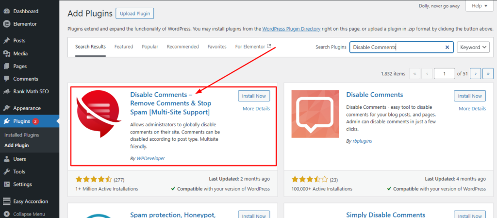 The WordPress 'Add Plugins' screen showing a search for 'Disable Comments' with the WPDeveloper plugin displayed in the results.
