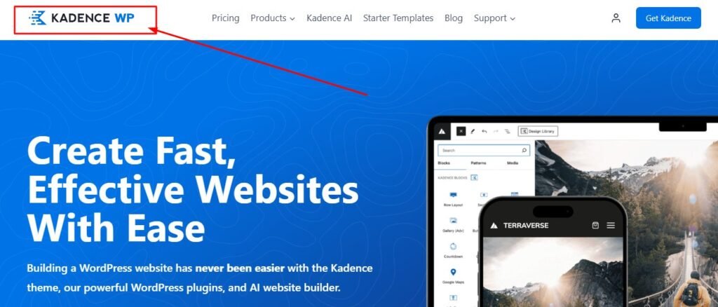 Kadence WordPress theme header builder showing drag and drop customization with logo, menu, cart, and search elements.