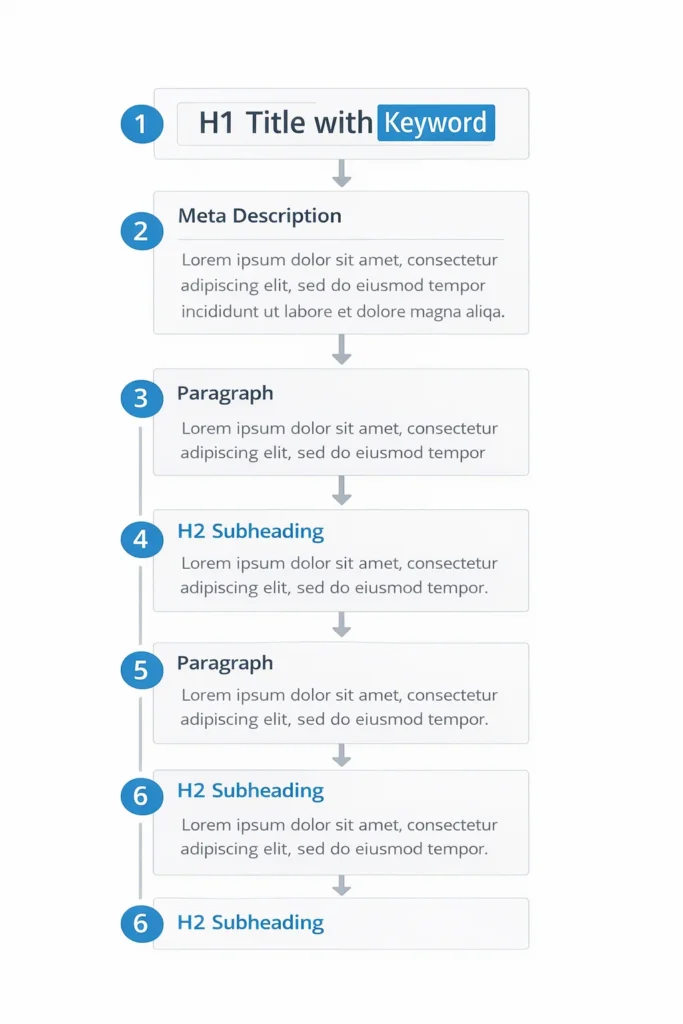 Flowchart diagram showing optimal keyword placement locations in webpage structure from H1 to conclusion