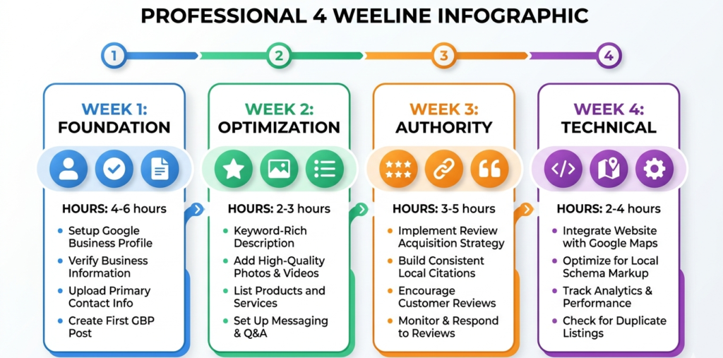 Four-week local SEO implementation timeline showing weekly phases from foundation to technical optimization