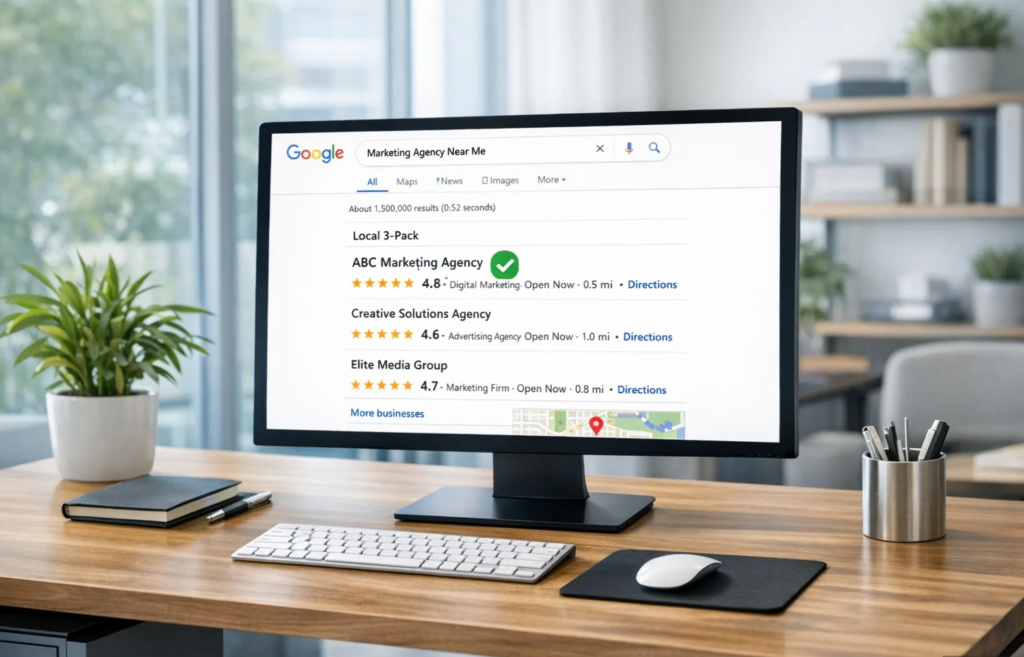 Professional office showing Google Business Profile with top local search ranking displayed on computer monitor