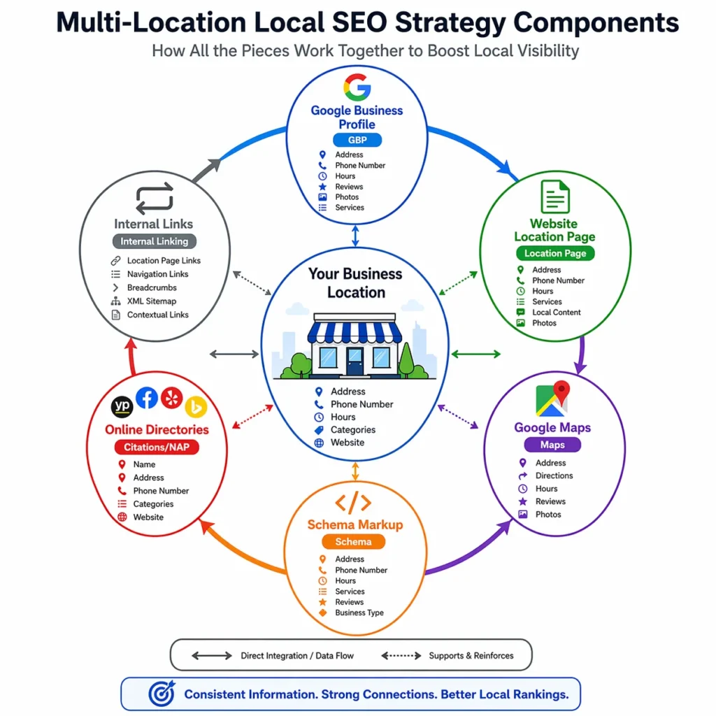 System diagram showing how Google Business Profile, location pages, schema markup, citations, and internal linking work together in a complete multi-location local SEO strategy