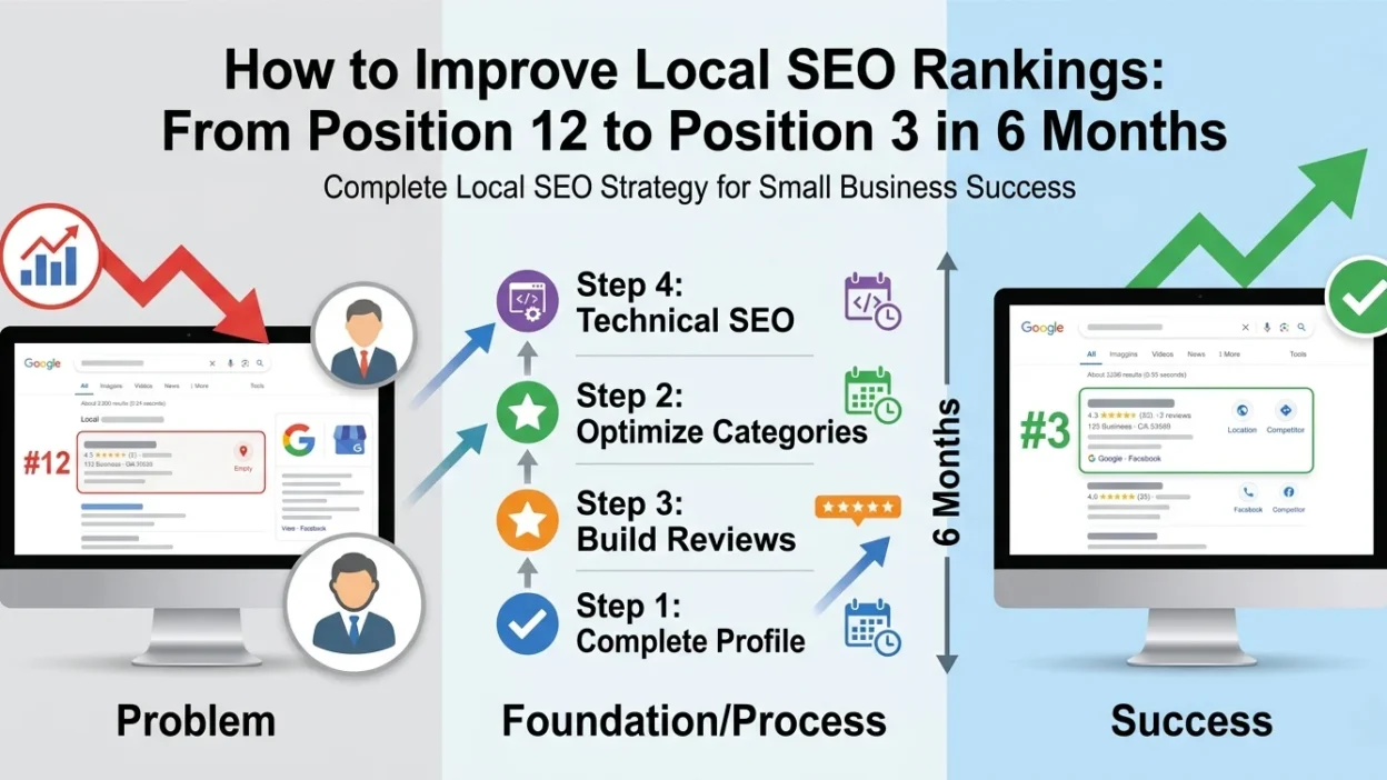 Professional infographic showing local SEO ranking improvement journey from position 12 to position 3 in 6 months with 4-step optimization framework including profile completion, category selection, review management, and technical SEO implementation