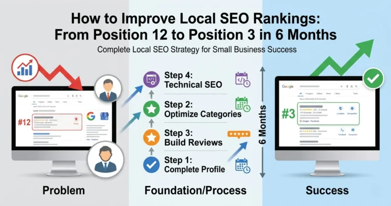Professional infographic showing local SEO ranking improvement journey from position 12 to position 3 in 6 months with 4-step optimization framework including profile completion, category selection, review management, and technical SEO implementation