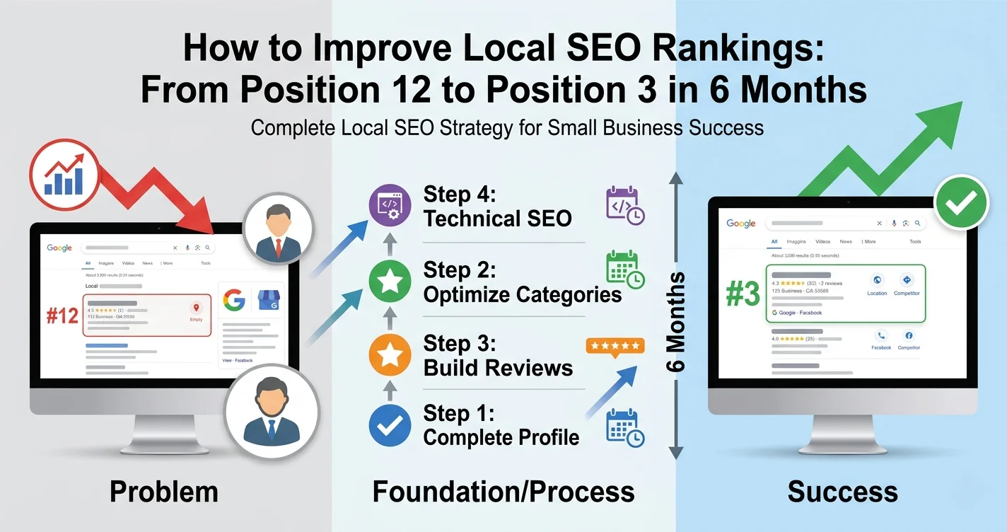Professional infographic showing local SEO ranking improvement journey from position 12 to position 3 in 6 months with 4-step optimization framework including profile completion, category selection, review management, and technical SEO implementation