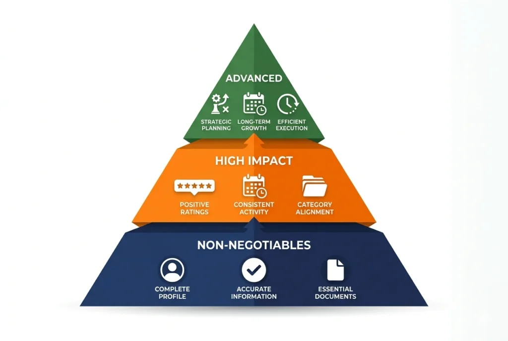 Three-tier pyramid infographic showing local SEO strategy prioritization from non-negotiables to advanced tactics